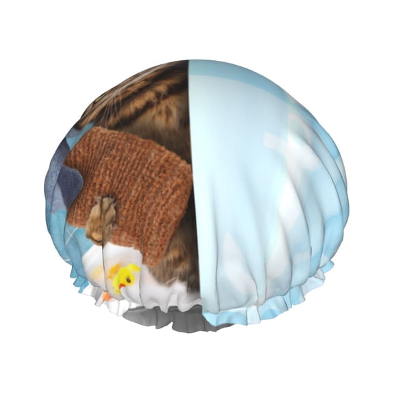 Kdxio Funny Cat Taking a Bath Print Shower Cap for Women,Elastic and Reusable,Double Waterproof Layers Bathing Hat
