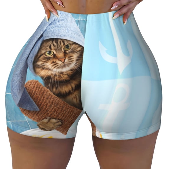 Kdxio Funny Cat Taking a Bath Print Workout Shorts for Women Seamless Soft Smooth Gym Yoga Scrunch Active Shorts