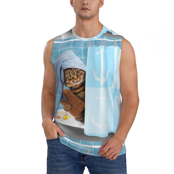 Kdxio Funny Cat Taking a Bath for Men's Muscle T-shirt,Sleeveless for Workout Running Athletic Gym Lounge Casual
