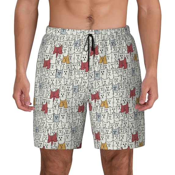 Kdxio Funny Cat White Print Men's Swim Trunks with Compression Liner 7 Inch Inseam Quick Dry Swim Shorts