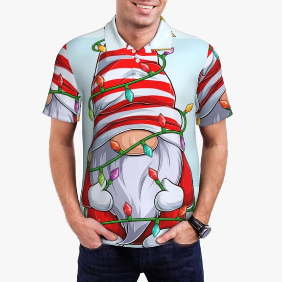 Kdxio Funny Christmas Gnome Print Men's Short Sleeve Polo Shirt,Midweight Men's Shirt