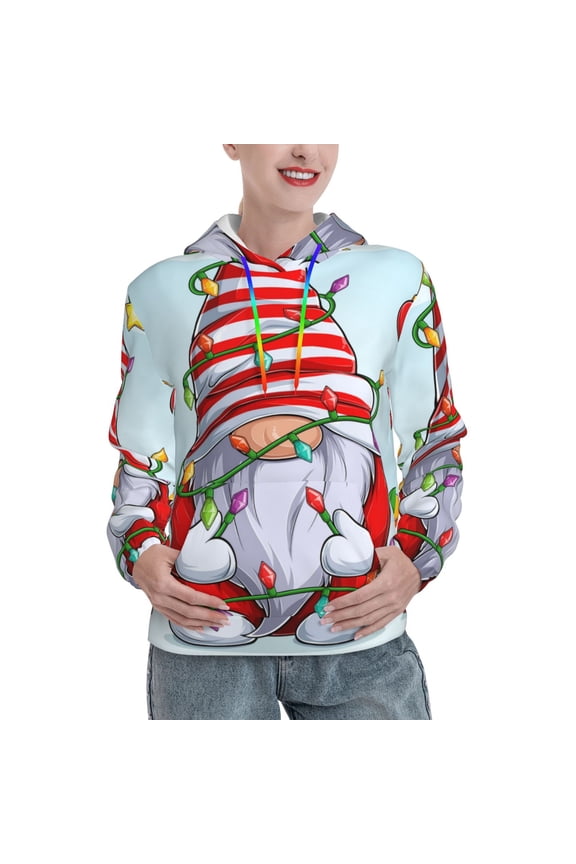Funny Christmas Gnome Print Womens Oversized Hoodies Sweatshirts Hooded Pullover Tops Sweaters Casual-Medium