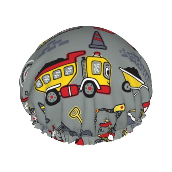 Kdxio Funny Construction Print Shower Cap for Women,Elastic and Reusable,Double Waterproof Layers Bathing Hat