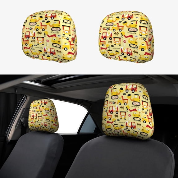 Kdxio Funny Construction Vehicles Pattern Print 2 Piece Car Head Rest Covers Set Auto Front/Rear Seats Headrest Cover Universal Fit Most Cars,Sedan, SUV