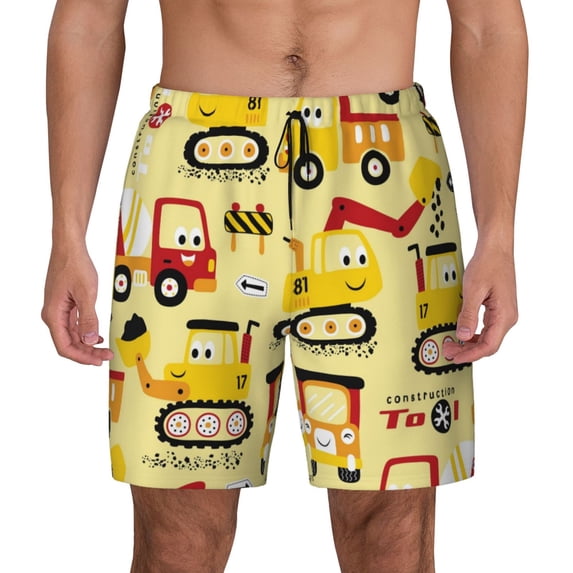 Kdxio Funny Construction Vehicles Print Men'S Swim Trunks With Compression Liner 7 Inch Inseam Quick Dry Swim Shorts