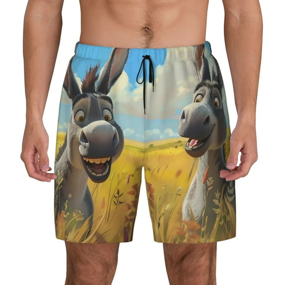 Kdxio Funny Countryside Donkey Print Men's Swim Trunks with Compression Liner 7 Inch Inseam Quick Dry Swim Shorts