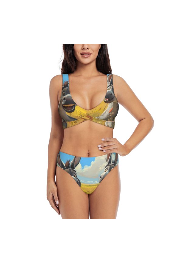 Funny Countryside Donkey Print Women's 2 Piece High Waisted Wrap Spaghetti Strap Summer Swimsuit Bikini Set-Small