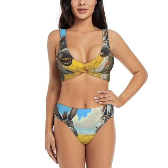 Kdxio Funny Countryside Donkey Print Women's 2 Piece High Waisted Wrap Spaghetti Strap Summer Swimsuit Bikini Set-X-Large