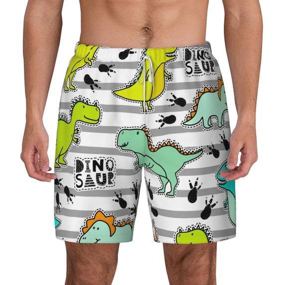 Kdxio Funny Dinosaurs On Stripes Print Men'S Swim Trunks With Compression Liner 7 Inch Inseam Quick Dry Swim Shorts