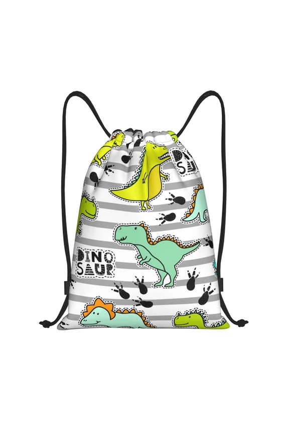 Funny Dinosaurs on Stripes Print Drawstring Backpack Bag,Waterproof Draw String Back Sack, Gym Drawstring Bags Swim Bag For Unisex