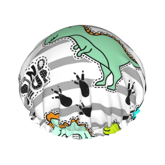 Kdxio Funny Dinosaurs on Stripes Print Shower Cap for Women,Elastic and Reusable,Double Waterproof Layers Bathing Hat