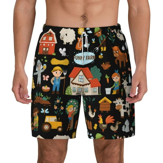 Kdxio Funny Farmers Print Men'S Swim Trunks With Compression Liner 7 Inch Inseam Quick Dry Swim Shorts