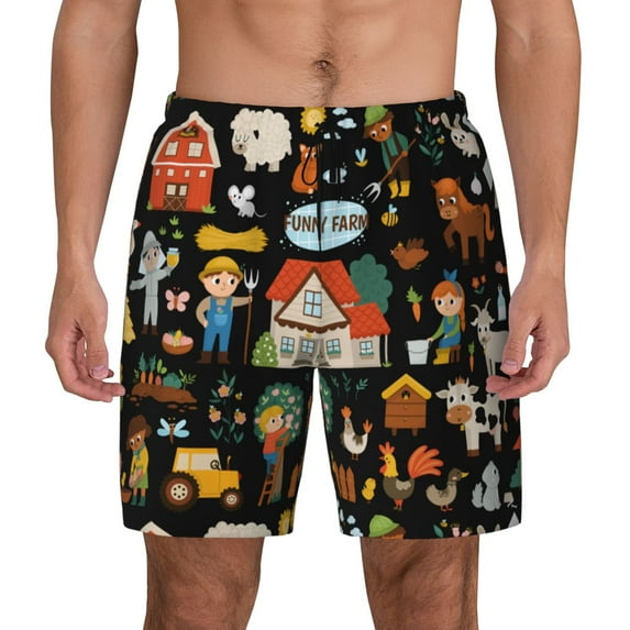 Kdxio Funny Farmers Print Men'S Swim Trunks With Compression Liner 7 Inch Inseam Quick Dry Swim Shorts