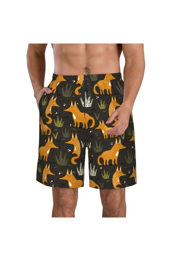 Funny Fox by the Field Pattern Mens Casual Shorts - Drawstring Summer Beach Sports Shorts for Men