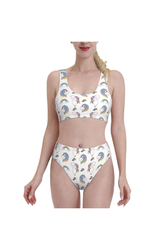 Funny Kawaii Unicorns Dancing for Womens High Waisted Bikini Top Sports Style Two Piece Bathing Suits