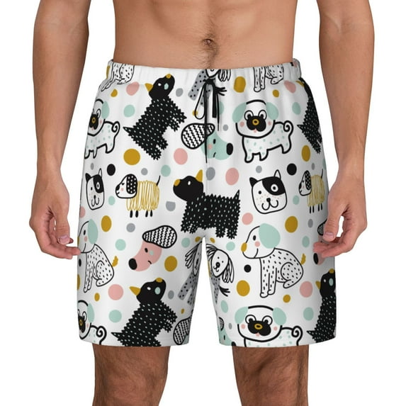 Kdxio Funny Puppy Print Men's Swim Trunks with Compression Liner 7 Inch Inseam Quick Dry Swim Shorts