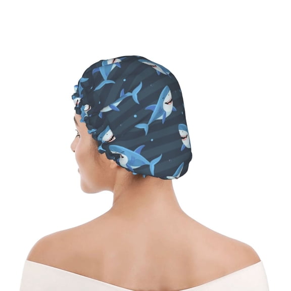 Kdxio Funny Sharks Print Shower Cap for Women,Elastic and Reusable,Double Waterproof Layers Bathing Hat