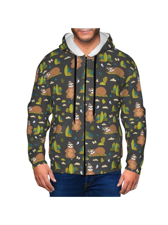 Funny Sloths In The Forest Print Men Hoodies Casual Hoodies for Men with Zip Pockets Full Zip Long Sleeve Sweatshirt Sports Hooded Jacket-Medium