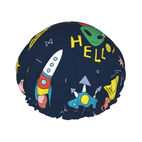 Kdxio Funny Spaceships Print Shower Cap for Women,Elastic and Reusable,Double Waterproof Layers Bathing Hat