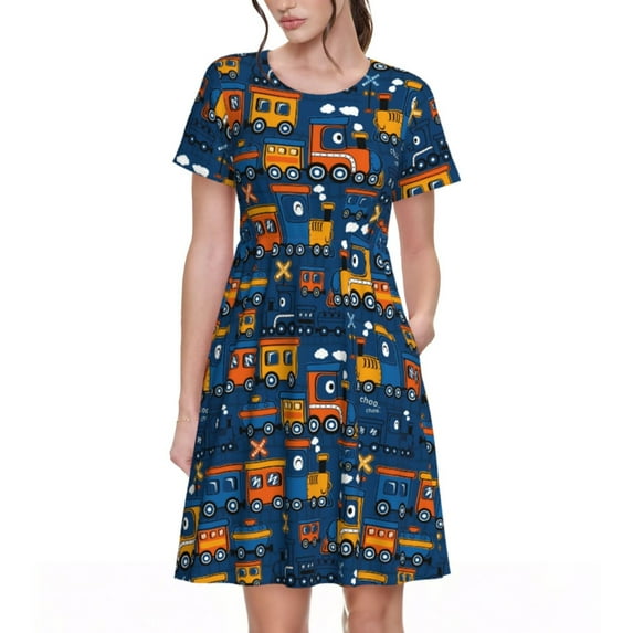Kdxio Funny Steam Train Pattern Summer Dresses for Women Casual Tshirt Short Sleeve Floral Sundress Beach Cover Ups with Pockets