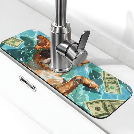 Kdxio Funny Swimming Chihuahua Pattern Non-Slip Diatom Mud Faucet Drain Pad,Self Absorbent Mat for Kitchen Sink for Variety Kitchen & Bathroom Countertops