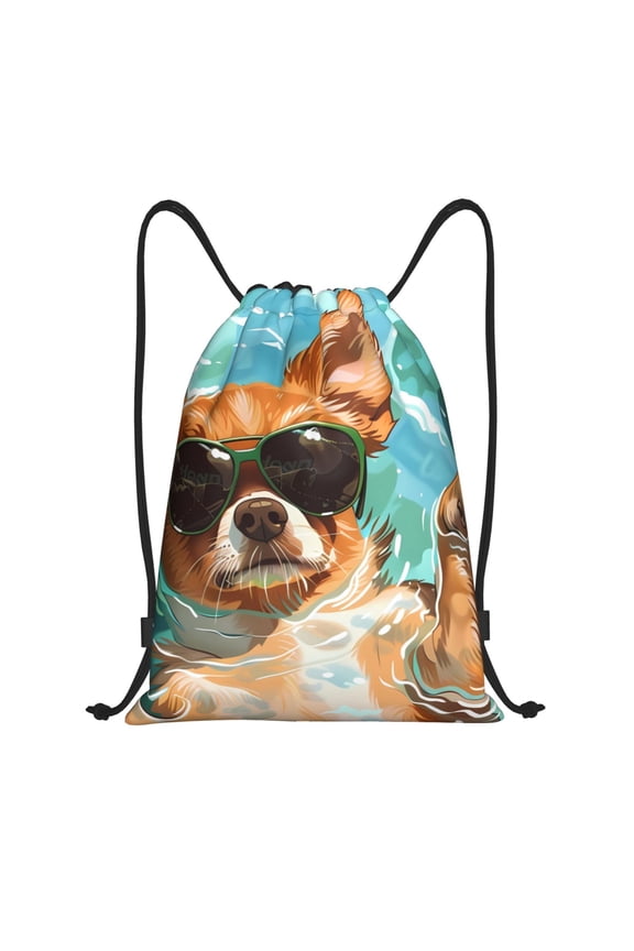Funny Swimming Chihuahua Print Drawstring Backpack Bag,Waterproof Draw String Back Sack, Gym Drawstring Bags Swim Bag For Unisex