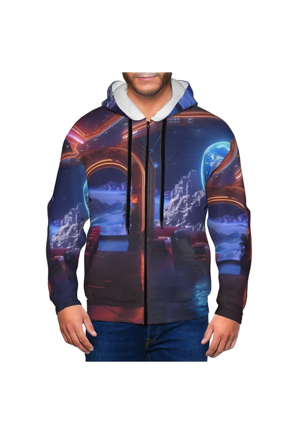 Futuristic Bar Space View Print Men Hoodies Casual Hoodies for Men with Zip Pockets Full Zip Long Sleeve Sweatshirt Sports Hooded Jacket-Small