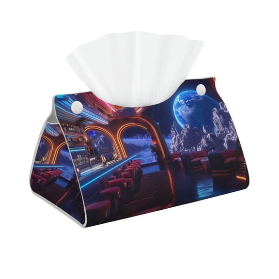 Kdxio Futuristic Bar Space View Print Tissue Box Cover,Modern PU Leather Rectangular Tissue Box Holder for Bathroom Living Room Bedroom Office Desk Car Home