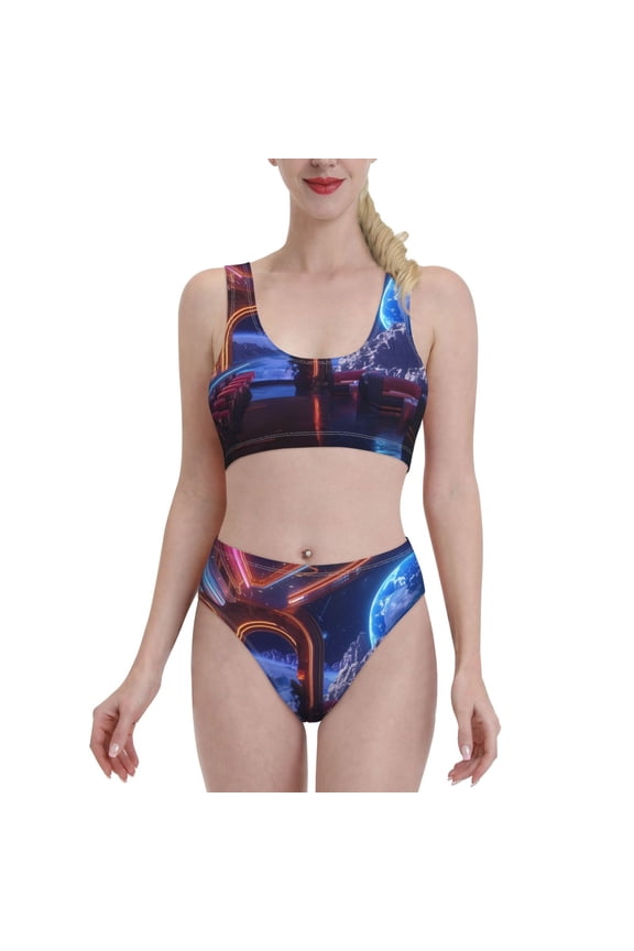 Futuristic Bar Space View for Womens High Waisted Bikini Top Sports Style Two Piece Bathing Suits