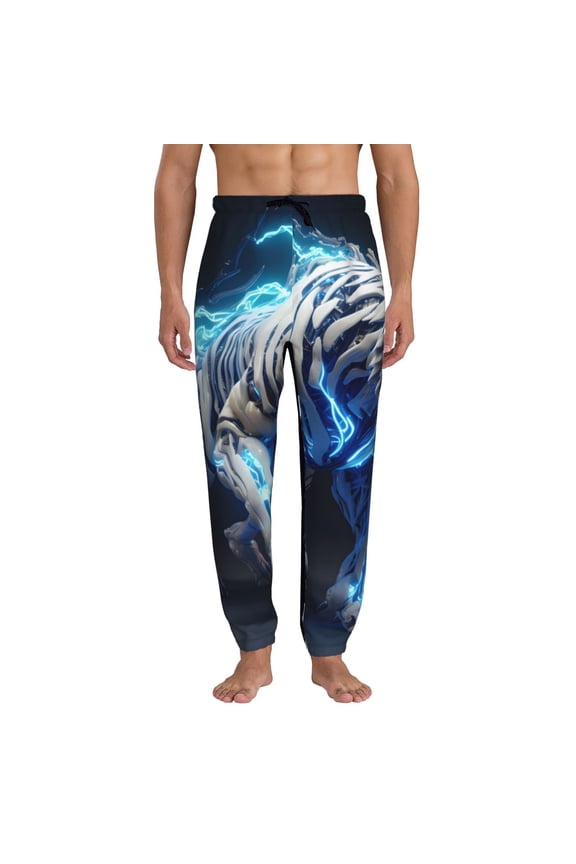 Futuristic Blue Light White Tiger Pattern Joggers,Sweatpants for Men with Pockets-Medium