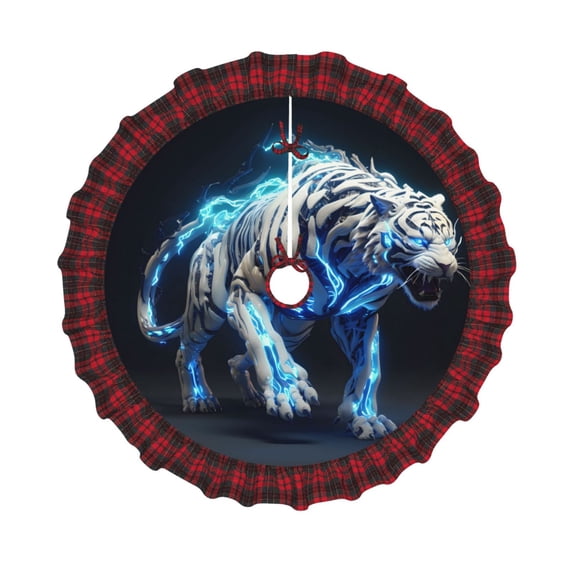 Kdxio Futuristic Blue Light White Tiger Print Christmas Tree Skirt Christmas Xmas Tree Skirts Mat for New Year Holiday Christmas Party Decorations-30"