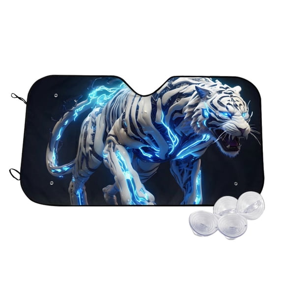 Kdxio Futuristic Blue Light White Tiger Print Windshield Sun Shade,UV Rays and Sun Heat Protection,Sunshade for Car Windshield,Car Shade Front Windshield -