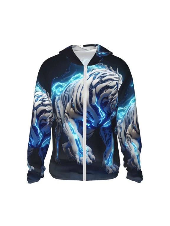 Futuristic Blue Light White Tiger Print Women Men Sun Protection UPF 50+ Jackets Zip Up Long Sleeve Hoodie Hiking Lightweight with Pockets