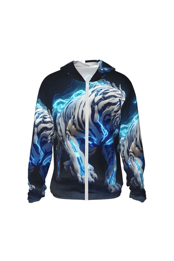 Futuristic Blue Light White Tiger Print Women Men Sun Protection UPF 50+ Jackets Zip Up Long Sleeve Hoodie Hiking Lightweight with Pockets