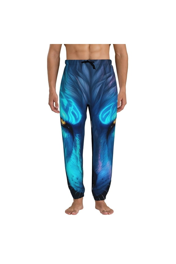 Futuristic Blue Light Wolf Pattern Joggers,Sweatpants for Men with Pockets-Small