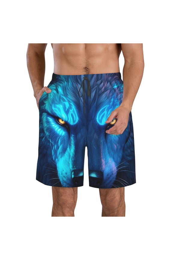 Futuristic Blue Light Wolf Pattern Mens Casual Shorts - Drawstring Summer Beach Sports Shorts for Men