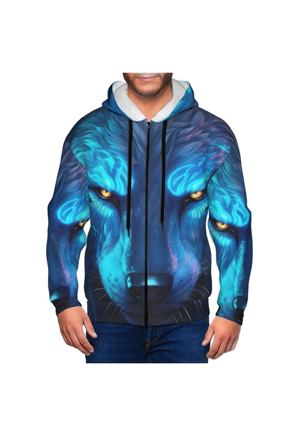 Futuristic Blue Light Wolf Print Men Hoodies Casual Hoodies for Men with Zip Pockets Full Zip Long Sleeve Sweatshirt Sports Hooded Jacket-Small