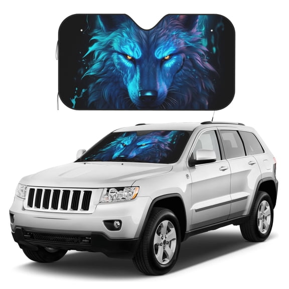 Kdxio Futuristic Blue Light Wolf Print Windshield Sun Shade, Foldable Sun Blocker for Car,Truck,SUV Automotive Interior Sun Protection,Reflective Shade for Front Windshield(Medium)