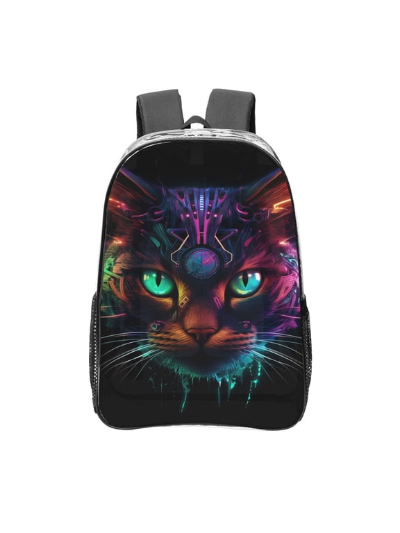 Futuristic Cat Warrior Clear Backpack, Transparent Bookbag for School for Women Men, Capacity Clear Bag for College, Travel