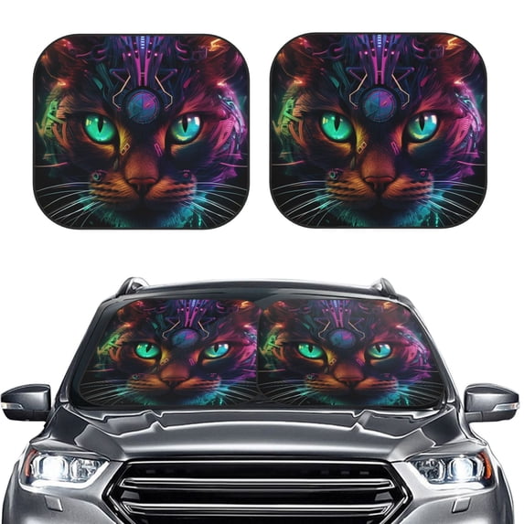 Kdxio Futuristic Cat Warrior Print 2-Piece Sun Shade Front Windshield - Foldable Car Front Window Sunshades for Most Sedans SUV Truck