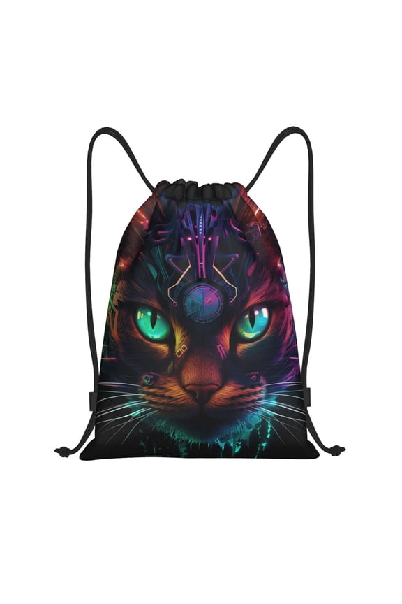 Futuristic Cat Warrior Print Drawstring Backpack Bag,Waterproof Draw String Back Sack, Gym Drawstring Bags Swim Bag For Unisex