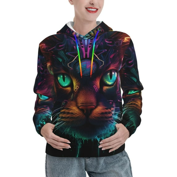 Kdxio Futuristic Cat Warrior Print Womens Oversized Hoodies Sweatshirts Hooded Pullover Tops Sweaters Casual-X-Large