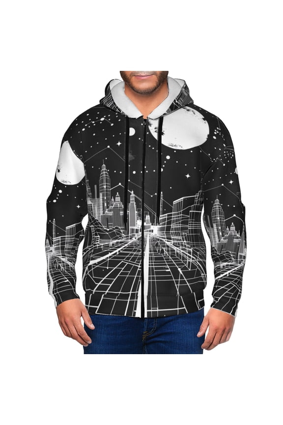 Futuristic Moonlit Cityscape Print Men Hoodies Casual Hoodies for Men with Zip Pockets Full Zip Long Sleeve Sweatshirt Sports Hooded Jacket-Small