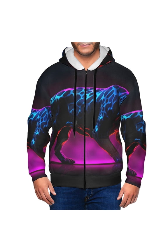 Futuristic Purple Panther A、 Print Men Hoodies Casual Hoodies for Men with Zip Pockets Full Zip Long Sleeve Sweatshirt Sports Hooded Jacket-Small