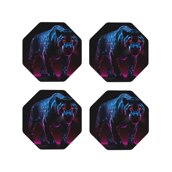 Kdxio Futuristic Purple Panther Funny Coasters,4 Pcs Leather Coasters,Housewarming Gifts,Protect Furniture from Water Marks Scratch and Damage