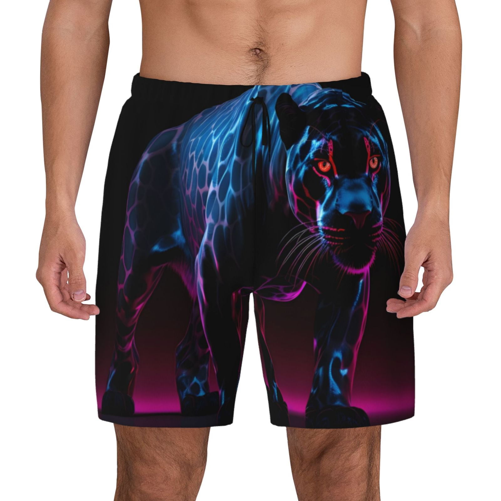 Kdxio Futuristic Purple Panther Print Men's Swim Trunks with