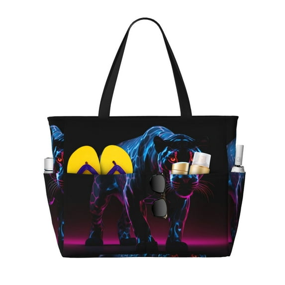 Kdxio Futuristic Purple Panther for Beach Bag for Women Large Beach Tote Bag Waterproof Sandproof Swim Bag with Zipper Pockets Beach Vacation Travel