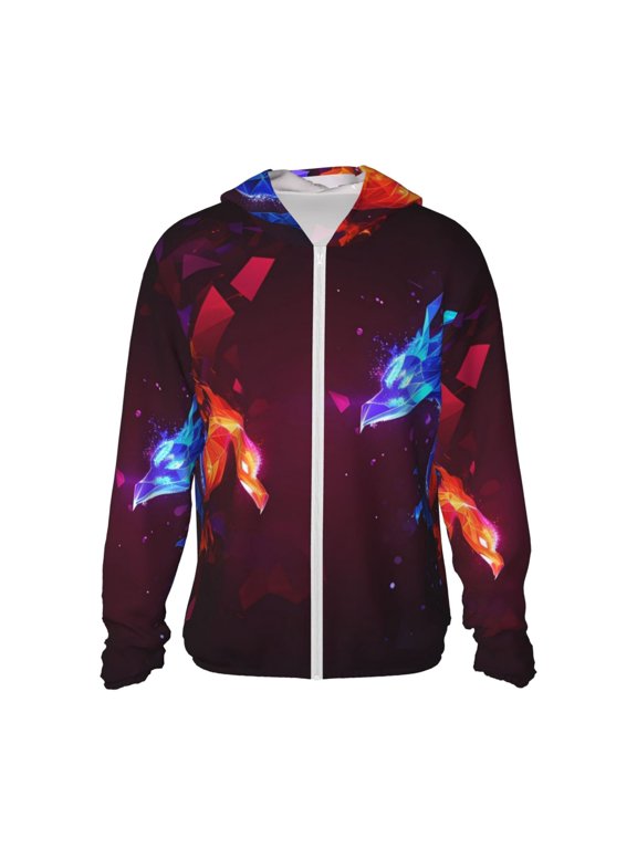 Futuristic Red And Blue Bird Print Women Men Sun Protection UPF 50+ Jackets Zip Up Long Sleeve Hoodie Hiking Lightweight with Pockets