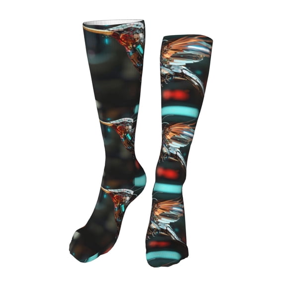 Kdxio Futuristic Robot Hummingbird Funny Silky Novelty Funky Long Knee High Socks Soft 3D Print Cosplay Crazy Stockings for Men Women