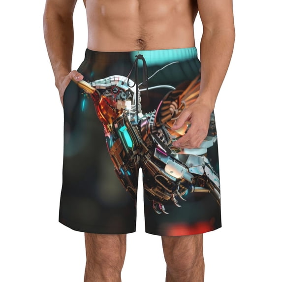 Kdxio Futuristic Robot Hummingbird Pattern Mens Casual Shorts - Drawstring Summer Beach Sports Shorts for Men